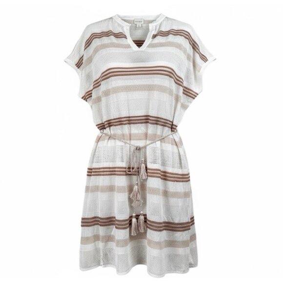 Chicos Cover Up Striped Open Knit Tassel Tie Waist Tunic Dress Beige Tan Medium - Picture 1 of 12